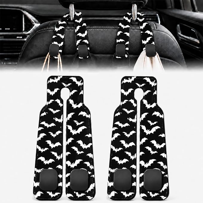 2 Pack Spooky Bat Car Headrest Hooks for Purse Bag Seat Back Hanger | Goth Bat Car Accessories Metal Hook, Spooky Gifts for Women Men, PU Leather Double Hook for Backseat Organizer