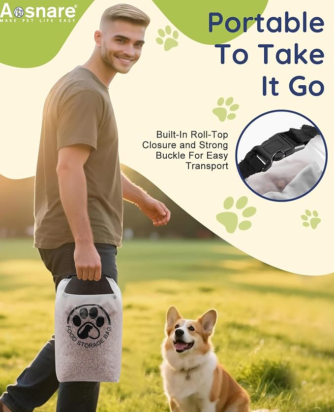 Pet Food Storage Bag for Travel - Transparent Leak-Proof Dog Food Container with Roll-Top Closure, Keeps Kibble Fresh for Camping Trip, Dog Boarding, Weekend Getaways (14 Cups+bowl)