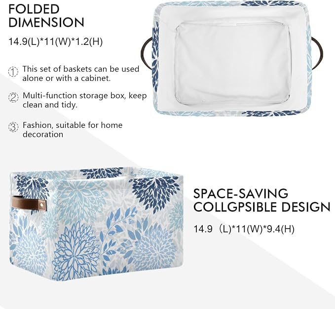 susiyo Large Foldable Storage Bin Blue Navy Chrysanthemum Flowers Fabric Storage Baskets Collapsible Decorative Baskets Organizing Basket Bin with PU Handles for Shelves Home Closet Bedroom-2Pack