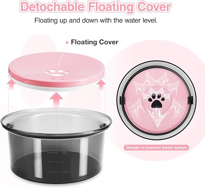2L Dog Water Bowl No Spill, 70oz Large Spill Proof Dog Water Bowl Reduce Refill, Slow Drinking Water Bowl Anti Splash No Mess Pet Water Bowl for Vehicle/Outdoor/Indoor, Pink