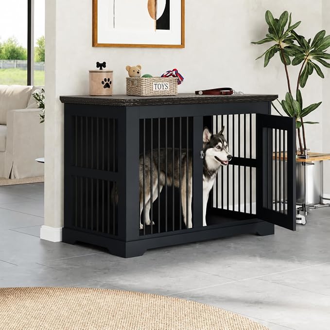 44" Wooden Dog Crate Furniture,Large Kennel Pet Cage End Table for Indoor | for XXL XL Medium Dogs, Grey and Black, Fits Living Room Bedroom, Heavy Duty Steel Frame with Lock 100 lbs Cap, 100 lbs Top.