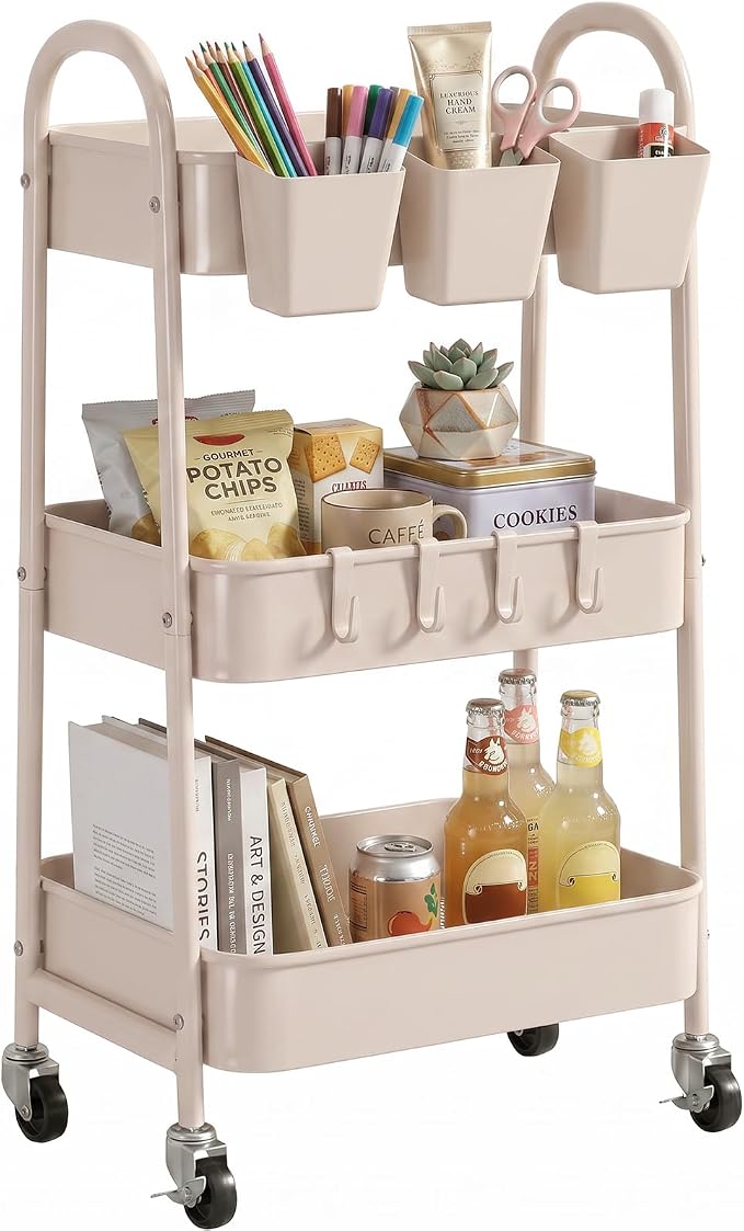 danpinera 3-Tier Rolling Cart, Utility Cart Mobile Metal Rolling Storage Cart with Lockable Wheels & Hanging Cups & Hooks for Kitchen, Bathroom, Office, Workshop, Beige
