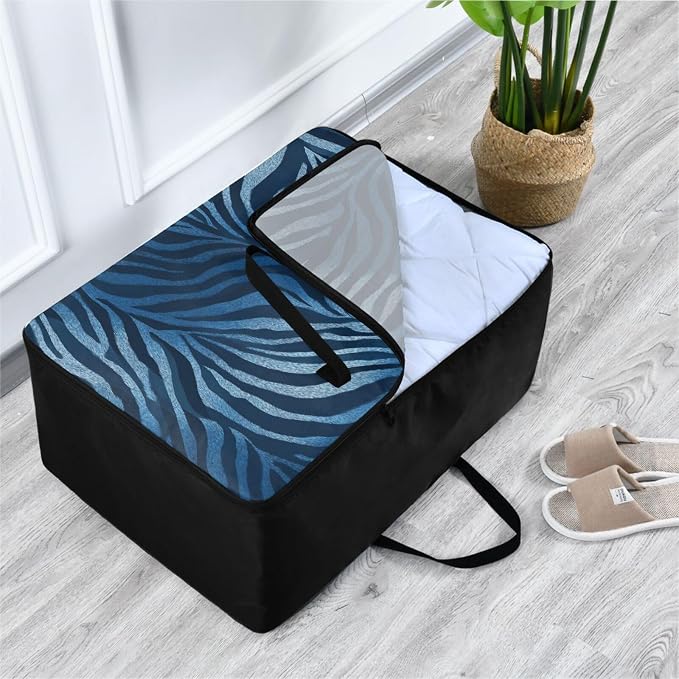 Comforter Storage Bags Large Folding Blanket Organizer Bag with Strong Handles Clear Window Closet Storage Containers for Clothes King Queen Pillows Bedding Quilt Duvet Navy Blue Zebra Print