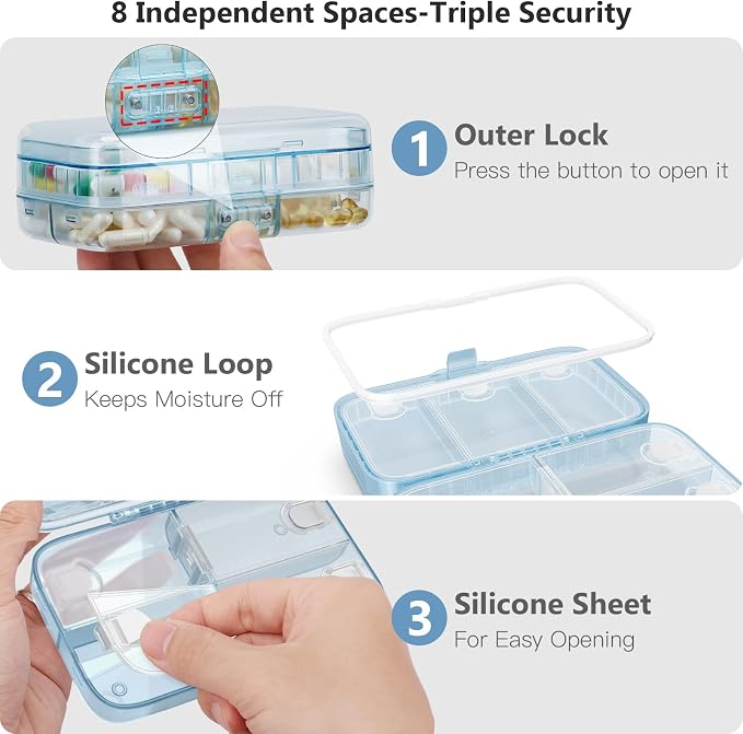 FYY Travel Pill Organizer, Large Weekly Medicine Pill Organizer-Blue | Airtight Moistureproof Medicine Case, Easy to Use, 8 Compartment Pill Box for Vitamins, Fish Oil, Supplements, Mini First Aid