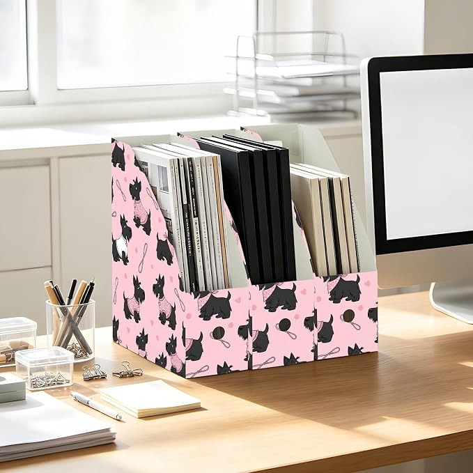 SPRIPORT Cute Pets Dogs Pink Print Water Resistant PP Magazine File Holder Organizer for Desk, Foldable Storage Rack for School Library Office Document Sorter with Labels 23x30x10cm (3 Pack)