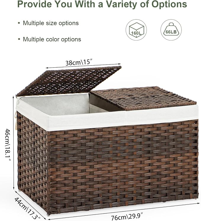 SETVSON Storage Basket with Lid Wicker Baskets for Storage, 160L Brown | 42.3 Gallon Storage Bin with 2 Separate Lids, 2 Removable Liners for Clothes & Blankets, Sturdy Metal Frame, PE Rattan