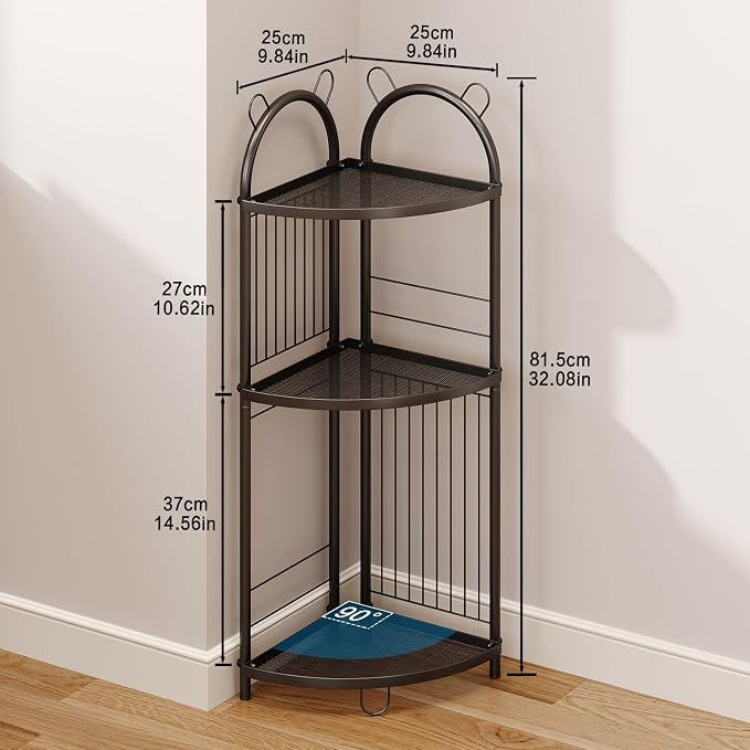 Corner Bathroom Shelf Metal Short Corner Stand Shelf Black Small Bathroom Storage Corner Shelf Unit for Toilet Shower Room 3 Tier