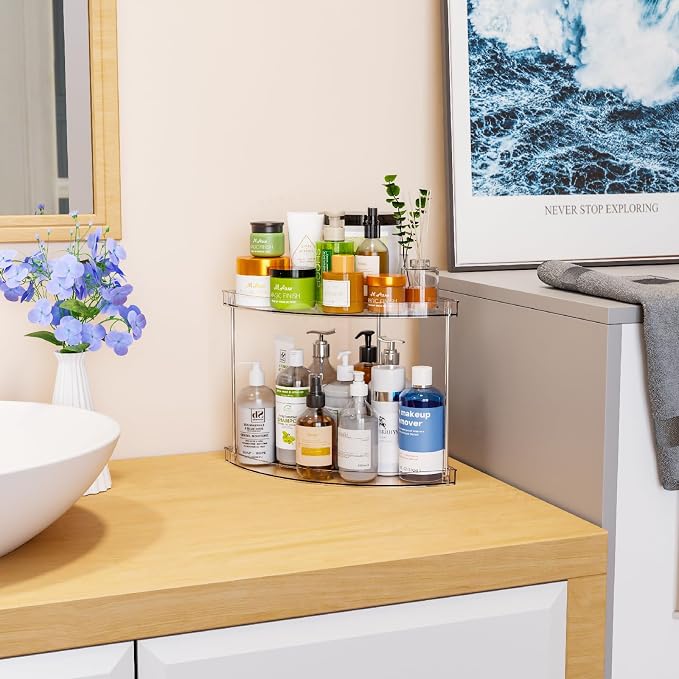 2 Tier Corner Bathroom Counter Organizer,Clear Bathroom Organizers and Storage,Acrylic Bathroom Counter Shelf and Perfume Holder for Skin Care,Makeup,Toiletry Products and Perfume Organizer