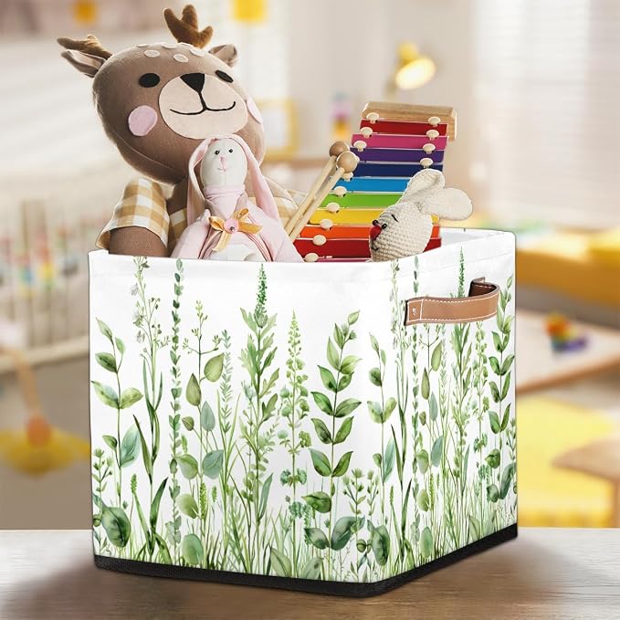 Sage Green Leaves Cube Storage Bin, 13 Inch Collapsible Fabric Storage Bin, Spring Eucalyptus Foldable Cube Baskets for Shelf, Closet, Organizer