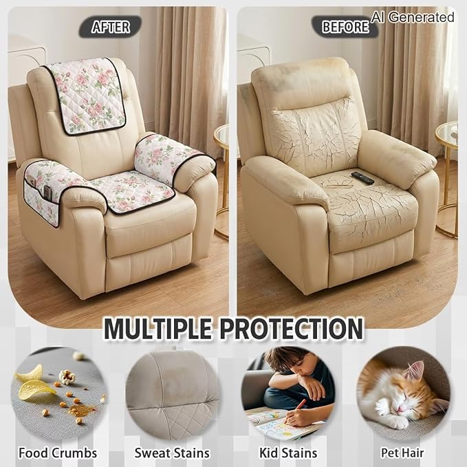 Pink Rose Recliner Chair Covers 4 Piece Pet Friendly | Flower Quilted Recliner Slipcover Non Slip Washable Girly Reclining Chair Cover for Kids Adults Pets Dogs, Dustproof