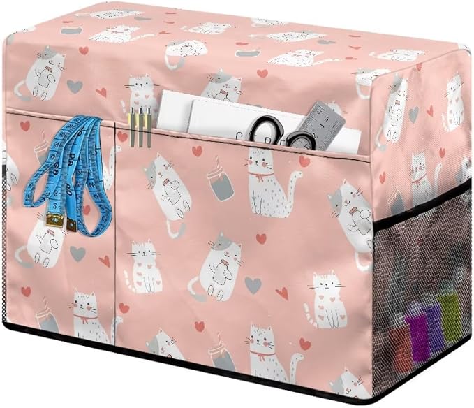 Cute Cat PrintSewing Machine Cover with Storage Pockets,Dust & Pet Hair Protection,Fits Standard Singer, Brother and Janome Machines, Protecting & Decorating Your Sewing Space (Pink)