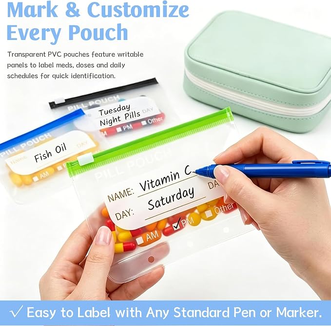 A8 Weekly Waterproof Pill Pouch Set, Reusable Weekly Pill Organizer with 14 Coded AM PM Pouches, Compact Portable Vitamin Supplement Storage Case for Travel Purse Daily Use