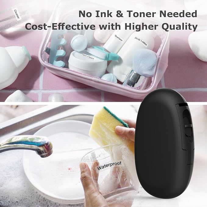 SUPVAN E10 Bluetooth Label Maker Machine with Tape, Black | Fits Continuous & Die-Cut Waterproof Label, Easy App Editing, Rechargeable, Inkless, for School, Home, Kitchen, Office