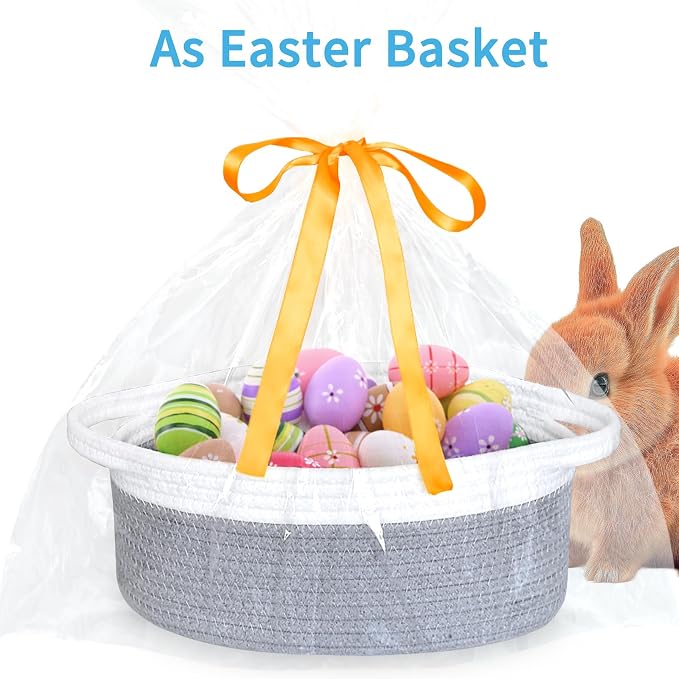 ABenkle Small Basket Empty Gift Basket, Decorative Boho Rope Woven Nursery Storage Organizer Dog Toy Baskets for Baby Showers Christmas Easter with Gift Bags and Ribbons, 12"X 8" X 5"