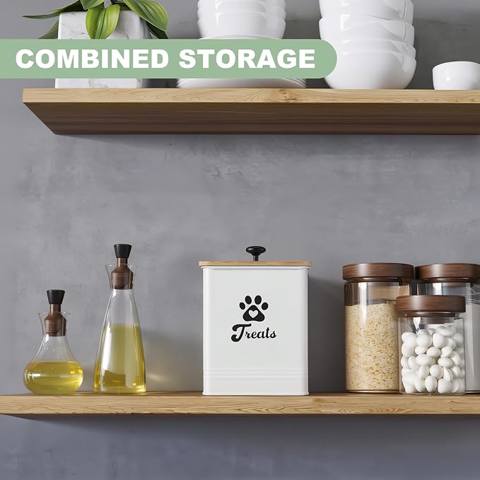 Dog Treat Container Airtight, 5.7" W x 6.7" H Iron Pet Treat Jar with Bamboo Lid, 12 Cup Food Storage Canister for Kitchen Counter, Decorative Pet Cookie Jar for Dog Snacks Kibble,White