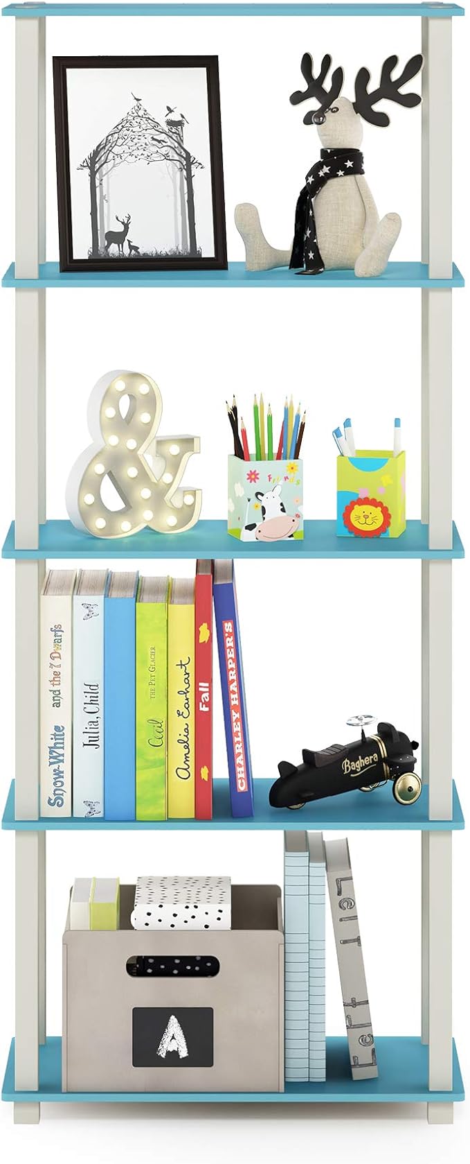 Furinno TURN-S-TUBE Book Shelf, 5-Tier Toolless Storage Shelves with Square Tubes, Shelving Unit for Organization and Storage for Living Room, Home Office, Light Blue