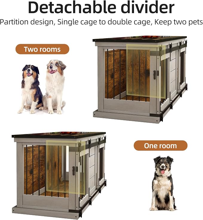 62" Farmhouse Dog Crate Furniture for 2 Large Dogs, Distressed White | Solid Wood Crate Furniture, Removable Divider, Dual Sliding Barn Doors, 2 Locks, Spacious Design, Heavy-duty TV Stand.