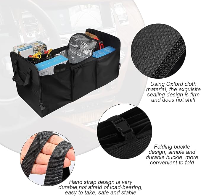 8sanlione Car Trunk Organizer, 3 Compartments, Insulated Section, Black | For sedans, SUVs, vans, woven fabric shell, side grips, light-item sorting, wipe-clean care, automotive interior accessories