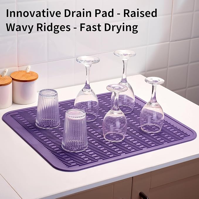 ZLR Oversized Silicone Dish Drying Mat for Kitchen, 16"x18", Meadow Violet | Family-Size Drainboard for Pots & Pans, Thick 4mm No-Curl, Heat-Resistant Trivet to 450°F, Non-Slip, Rolls to Store