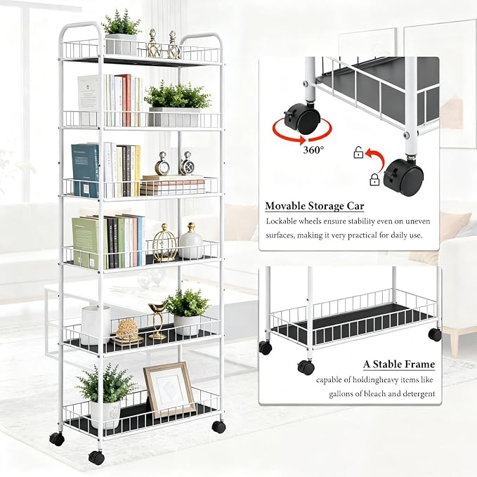 10in 6 Tier Slim Storage Cart with Wheels,White Narrow Space Rolling Shelving Unit, Metal Wire Mobile Organizer Rack for Kitchen Bathroom Office Laundry