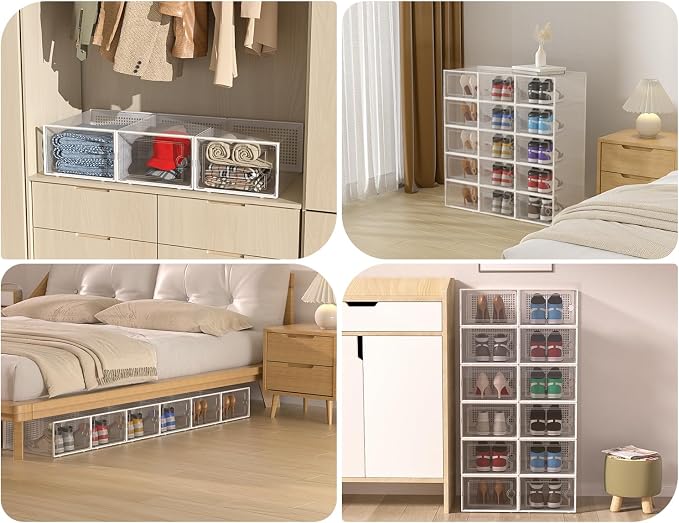 Kuject XX-Large Shoe Storage Boxes 12 Pack, Clear Stackable Shoe Organizer | Shoe Case for Closet, Entryway & Under-Bed Storage, Drop-Front Design, Space-Saving Solution for Family Organization,Grey