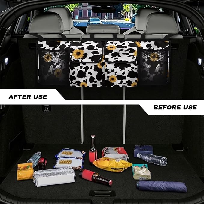 Cow Print Sunflower Car Organizers Storage - Hanging Trunk Bag, 4-Section Back Seat Design Car/SUV/Truck Accessories