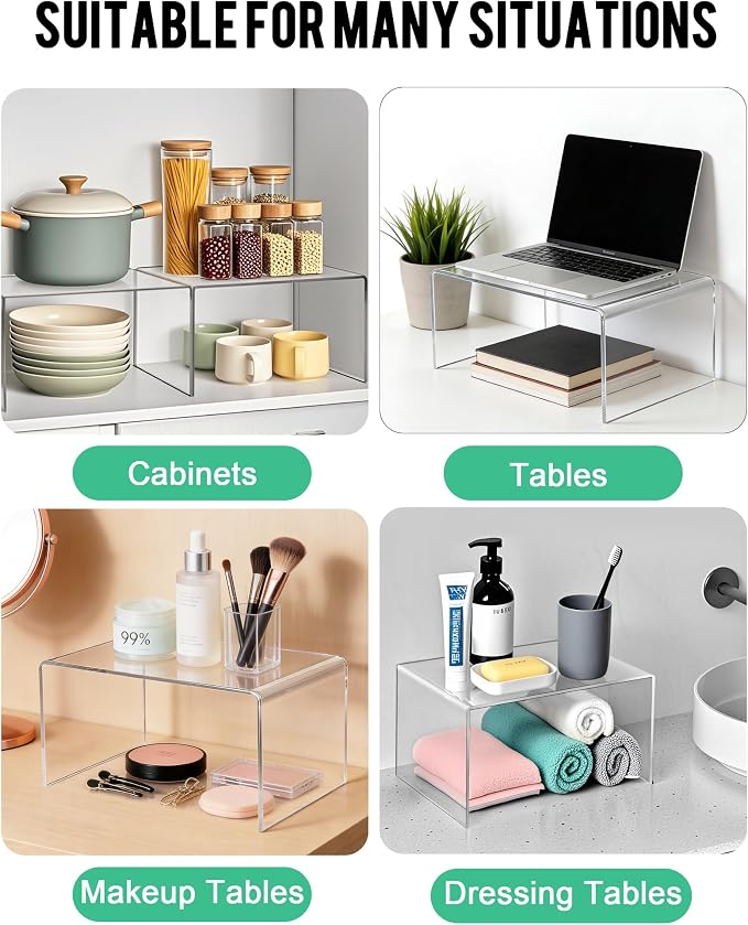 Acrylic Cabinet Organizer, Set of 4 Clear Shelf Organizer for Kitchen Pantry Organizers and Storage, Display Cabinet Shelf Room Decor Countertop Desk Shelves, Spice Organization for Cabinet