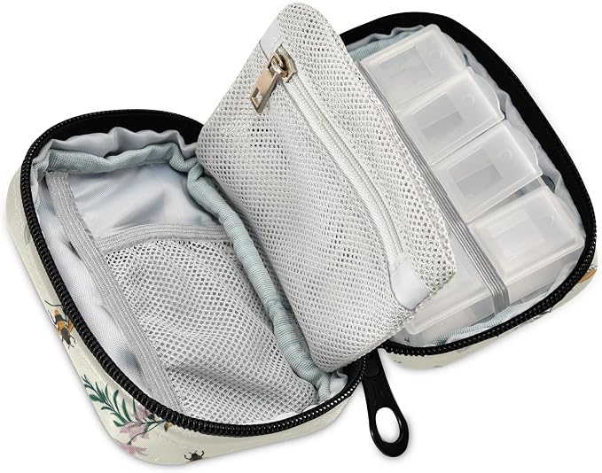 Floral Honey Bee Pill Box 7 Day Pill Case Travel Pill Organizer Bag with Zipper Portable Weekly Case Compact Size for Vitamin Supplement Holder