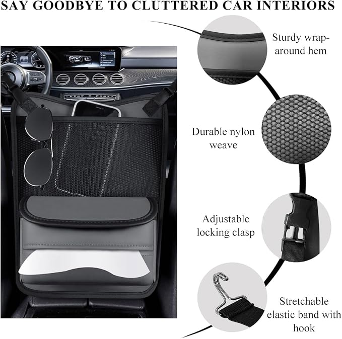 DXNQ Car Organizer Storage Between Seats, Leather Large Capacity Automobile Handbag Hanging Store Content Bag, Auto Console Organizer Holder for Snack Phone Document Storages, Car Accessories (Gray)
