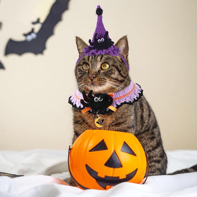 Kunyeah Halloween Pet Costume Set for Cats Small Dog Adjustable Knitted Hat Scarf Pumpkin & Witch Print Puppy Bib Cute Crochet Cat Collar Cap Pet Apparel Outfit (Purple-Spider)