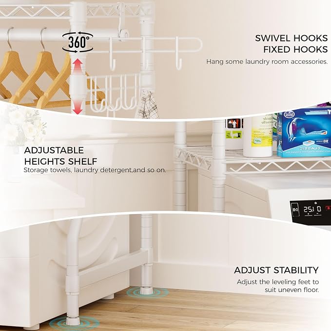 Golpart Laundry Organizer Shelves Over the Washer and Dryer Storage Shelf | Heavy Duty Laundry Room Organization Clothes Drying Rack Adjustable Height Wire Shelving and Wire Basket with Hanger Rod