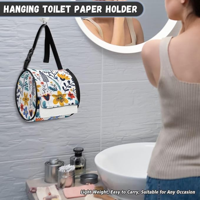 Hanging Paper Tower Holder Wall Mounted Cylinder Toilet Paper Roll Storage Holder with Adjustable Strap Easy to Install 6.3 * 6.3 * 6.3 Inch,Blooming Flower