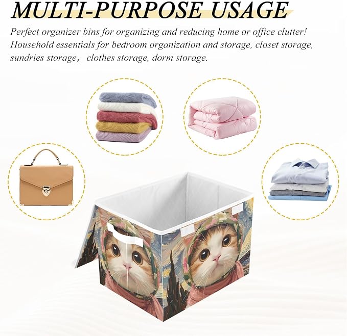 Cat Pet Storage Bins with Lids Closet Bedroom 40L Storage Basket | Decorative Storage Boxes, Foldable & Stackable, Dust-Proof Flip Top, Reinforced Handles, For Home & Dorm, Clothes & Toy Box