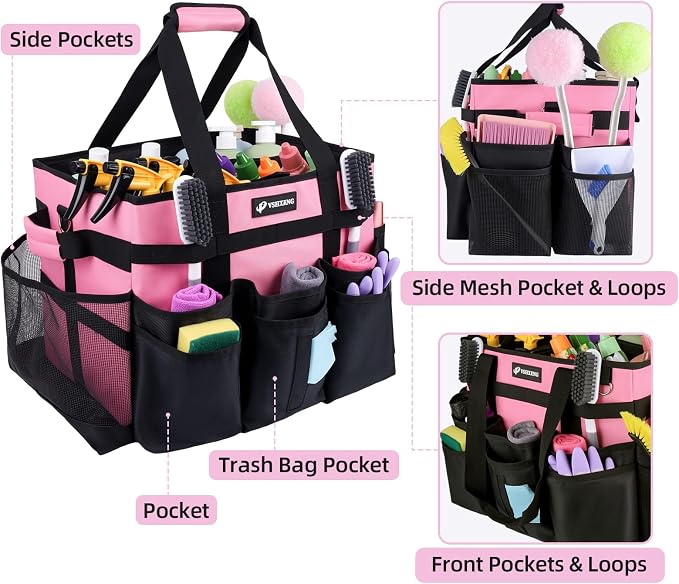 Large Rolling Cleaning Caddy Bag with Wheels, with Detachable Trolley, Cleaning Bags on Wheels for Housekeepers, Cleaning Cart Supplies Organizer for Home, Car, Picnic (Pink)