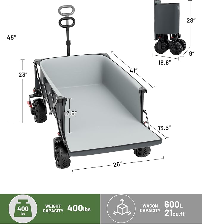 TIMBER RIDGE 600L Beast Wagon 26" W Extra Wide Heavy Duty Collapsible Cart | Cargo Net & Tailgate, 54.5" L Large Folding Wagons, All Terrain Big Wheels Portable Carts for Camping, Sports, Dogs, Grey