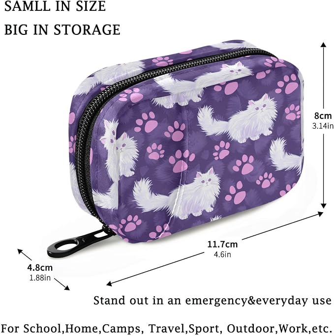 Fustylead Cute Angora Cat and Purple Paw Prints on Purple Background Travel Pill Organizer Case Zipper for Purse with Removable Weekly Pill Box for Medicine, Vitamin, Supplement Medicine Organizer