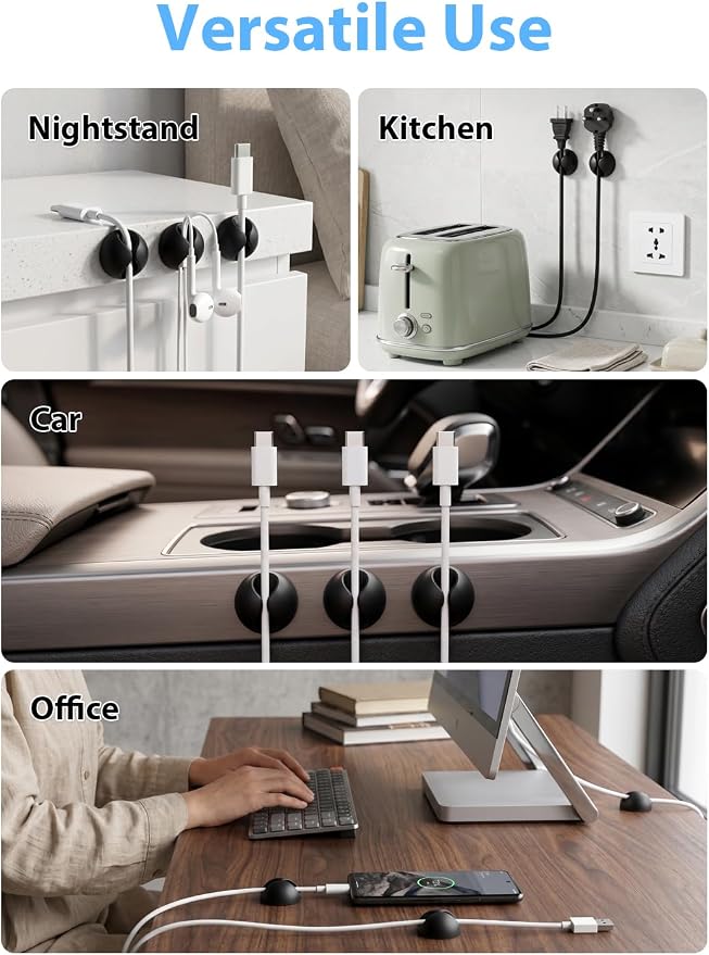 Shintop 6pcs Cord Holder for Nightstand, Self-Adhesive Cable Clips | Rubber Cord Organizer, Charger Holder, Residue-Free, Ready Access for Phone Chargers, USB, Mouse, Headphones, and HDMI