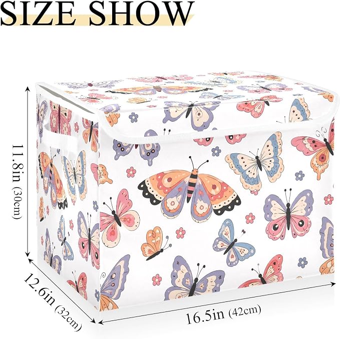 Butterfly Fabric Storage Bins with Lid Foldable Storage Boxes 40L Baskets | Decorative Storage Boxes, Dust-Proof Flip Top, Reinforced Handles, For Home & Bedroom, Clothes & Toy Box, Oxford Fabric Print