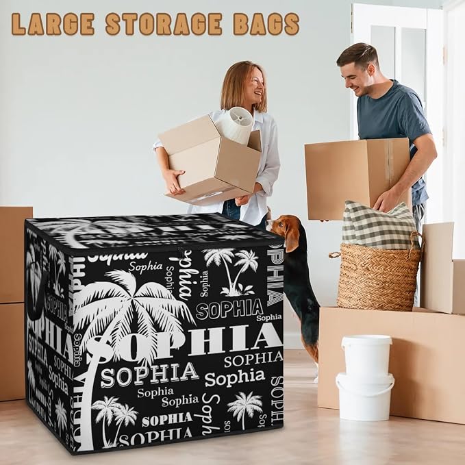 Personalized Extra Storage Bins with Lid, Customized Name Tropical Palm Tree Black Storage Basket Rectangle Clothes Organizer for Organizing Kids Toys Shelf Closet