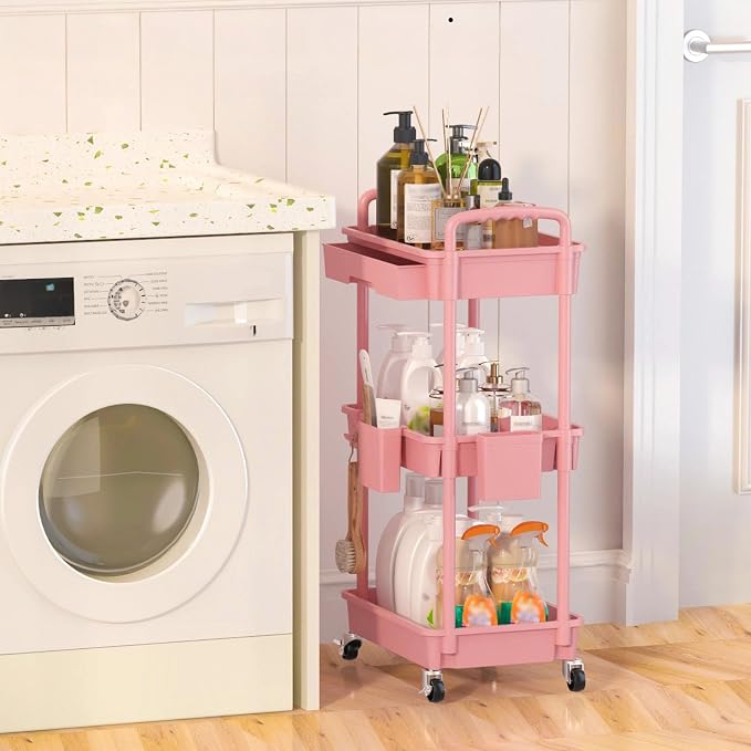 3 Tier Rolling Utility Cart with Drawer, Plastic Storage Organizer Rolling Carts with Wheels Handles Hanging Cups Hooks for Office, Bathroom, Kitchen,Craft Art Room (Pink)