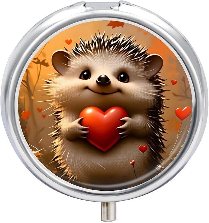 Hedgehog Heart Autumn Metal Round Pill Box, 3 Compartment Travel Organizer, Portable Pill Container with Secure Latch, 2 Inch Circular Vitamin Caddy for Pills and Vitamins, Gift for Him Her Elderly
