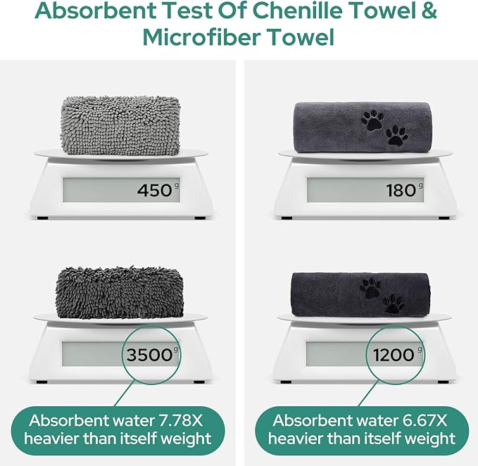 HOMEIDEAS 2 Pack Dog Towels Set, Chenille and Microfiber, Super Absorbent Soft Bath Shammy Towel with Hand Pockets for Pets Drying