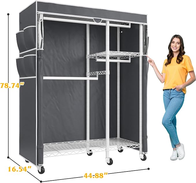 Raybee Clothes Rack with Cover, Rolling Portable Closet, 4 Hanging Zone | Heavy Duty, Tool-free Assembly, Adjustable Shelves, Lockable Wheels, Freestanding, Covered, Saving Space for Bedroom,Dorm