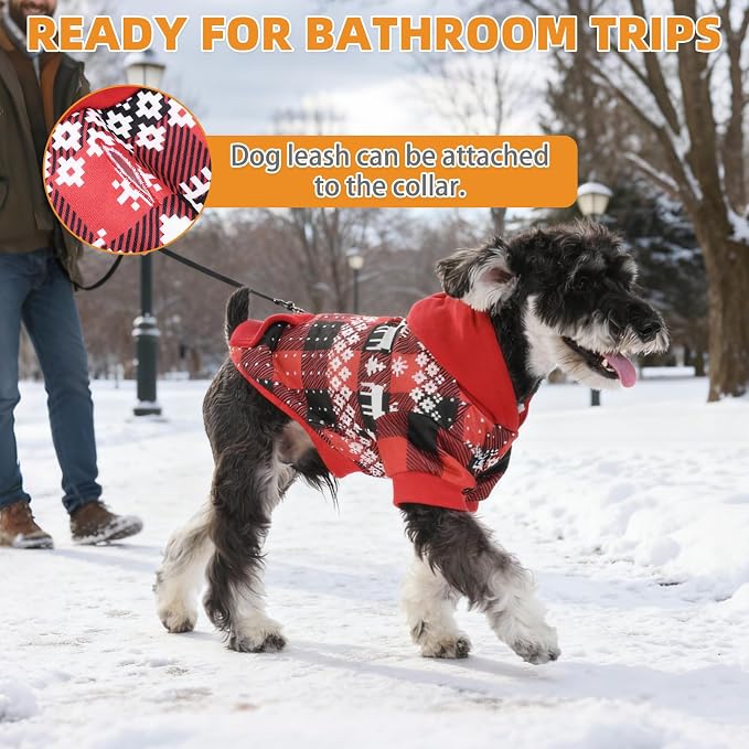 KOOLTAIL Christmas Dog Hoodie,Red Plaid Pet Clothes Sweater with Leash Hole&Pocket for Small Medium Large Dogs, Soft Winter Warm Dog Cold Weather Coat, Fleece Puppy Hooded Sweatshirt for Boys Girls, S