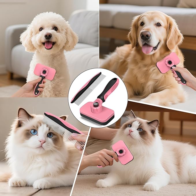 2PCS Self Cleaning Slicker Brush & Dog Comb - Skin Friendly Deshedding Grooming Tool for Dogs, Cats and Small Animals, Professional Deshedding Dematting Tool for Long and Short Haired Pets (Pink)
