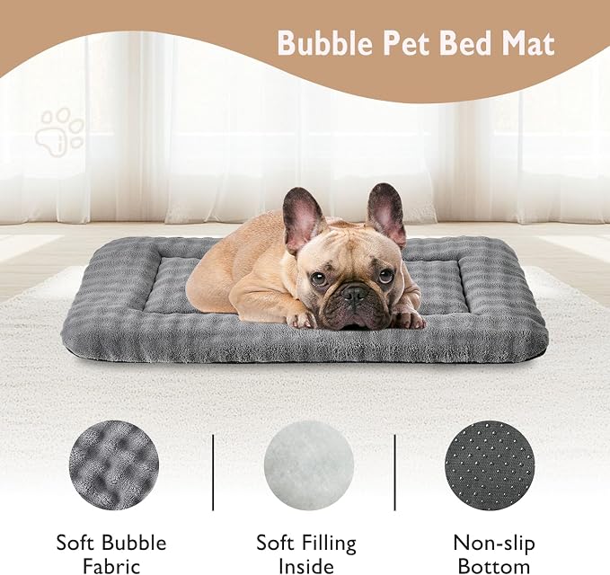 Dog Bed Mat Crate Pad for Medium Dogs, Grey, 30"x 19" | Washable Soft Pet Sleeping Mat, Anti-Slip Kennel Pad with 3D Bubble Pattern