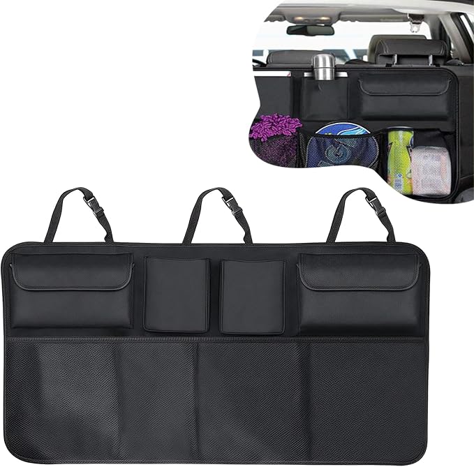 Car Trunk Organizer, Trunk Hanging Large Storage with Adjustable Straps, Waterproof Collapsible Cargo Storage Bag with 4 Pockets & 4 Mesh Pouches, Car Interior Accessories for SUV, Truck