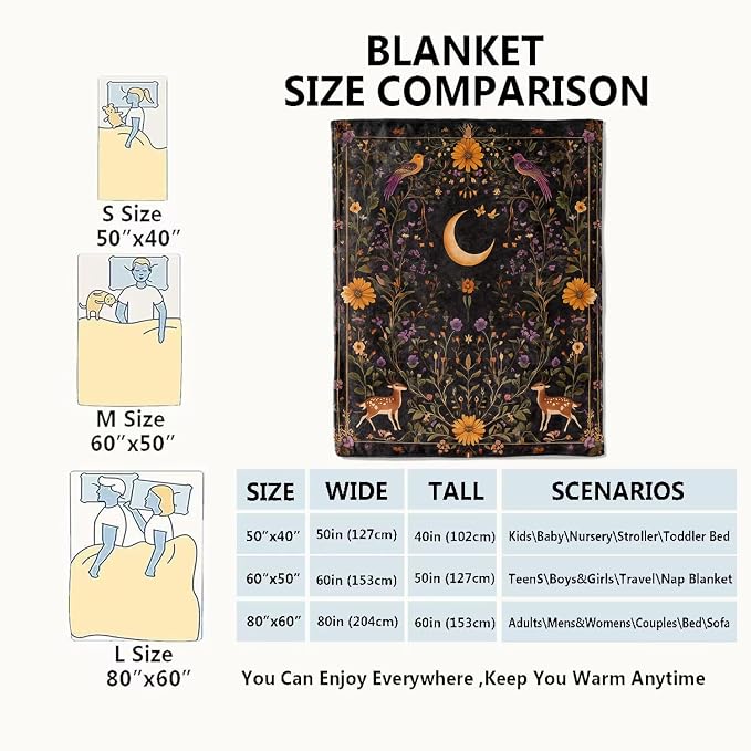 Mystical Moon and Deer Blanket Enchanting Floral Throw Blankets,Birthday Gifts for Kids Girls Women,Lightweight Soft Fleece,Nature Lovers,Sofa Couch Bed Room Modern Decor 50x60in