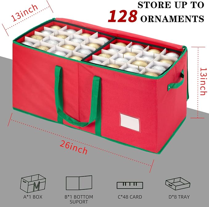 Christmas Ornament Storage Box with Adjustable Dividers and Side Pockets, Large Ornaments Storage Container Bin with Zippered Top for Xmas Decorations (128-3" Balls, Red, With Tray)