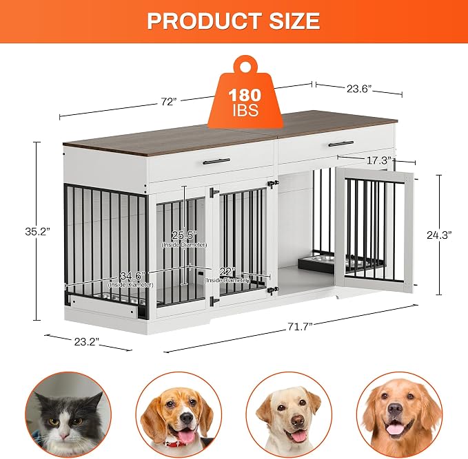 Rophefx 72" Double Dog Crate Furniture with Drawers and Divider, White | Wooden dog kennel for 2 medium dogs with 2 drawers, removable divider, 4 bowls and TV stand top
